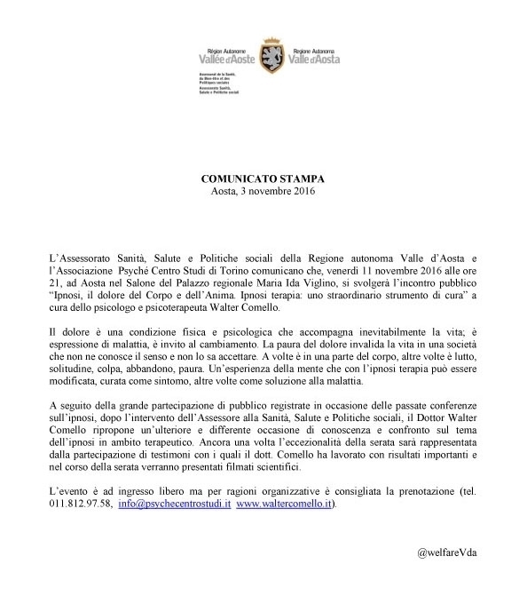 Comunicato stampa Assessorato Sanità reg. Valle d'aosta - walter comello